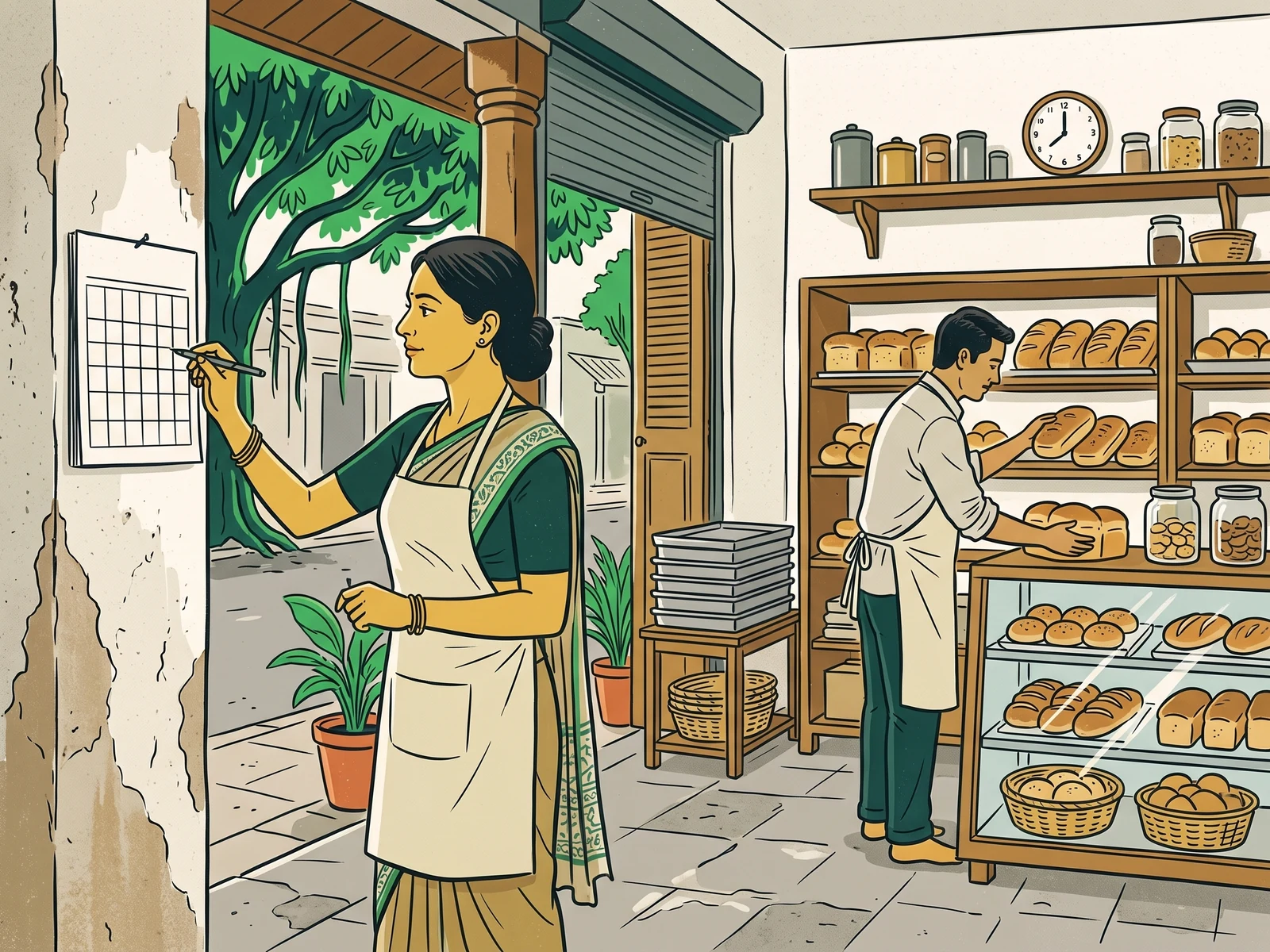 An illustrated Indian bakery owner reviewing a calendar as the shop opens