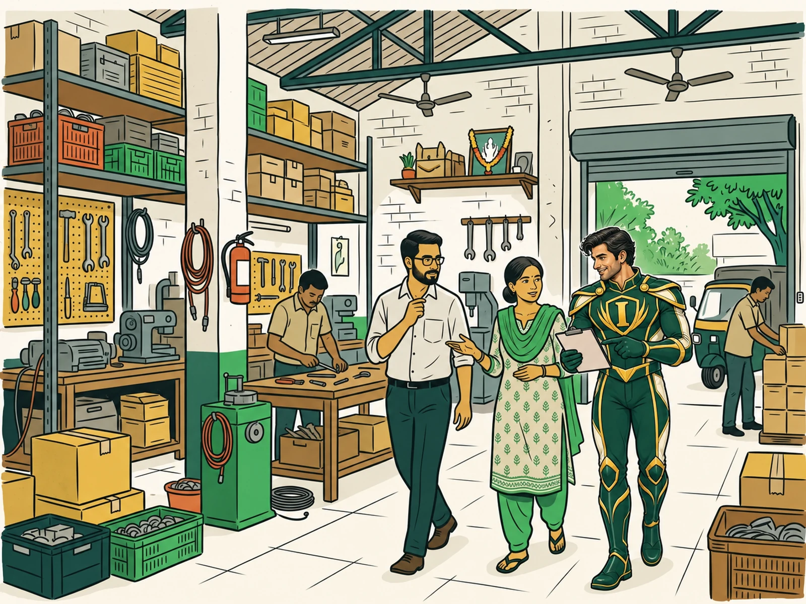 Illustrated Indian business owners and an adviser reviewing risks inside a working workshop