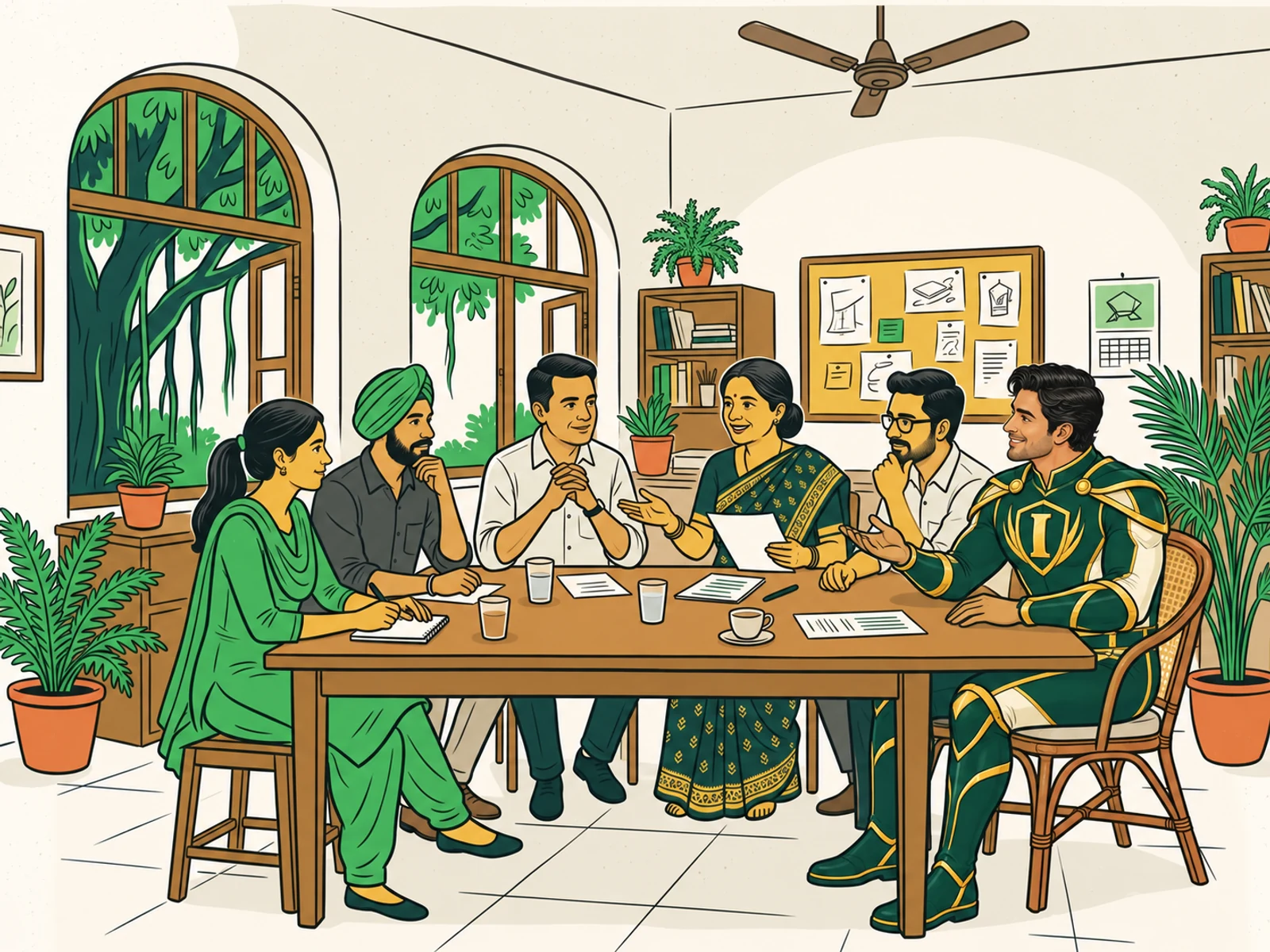 An illustrated diverse Indian workplace team discussing employee protection and benefits