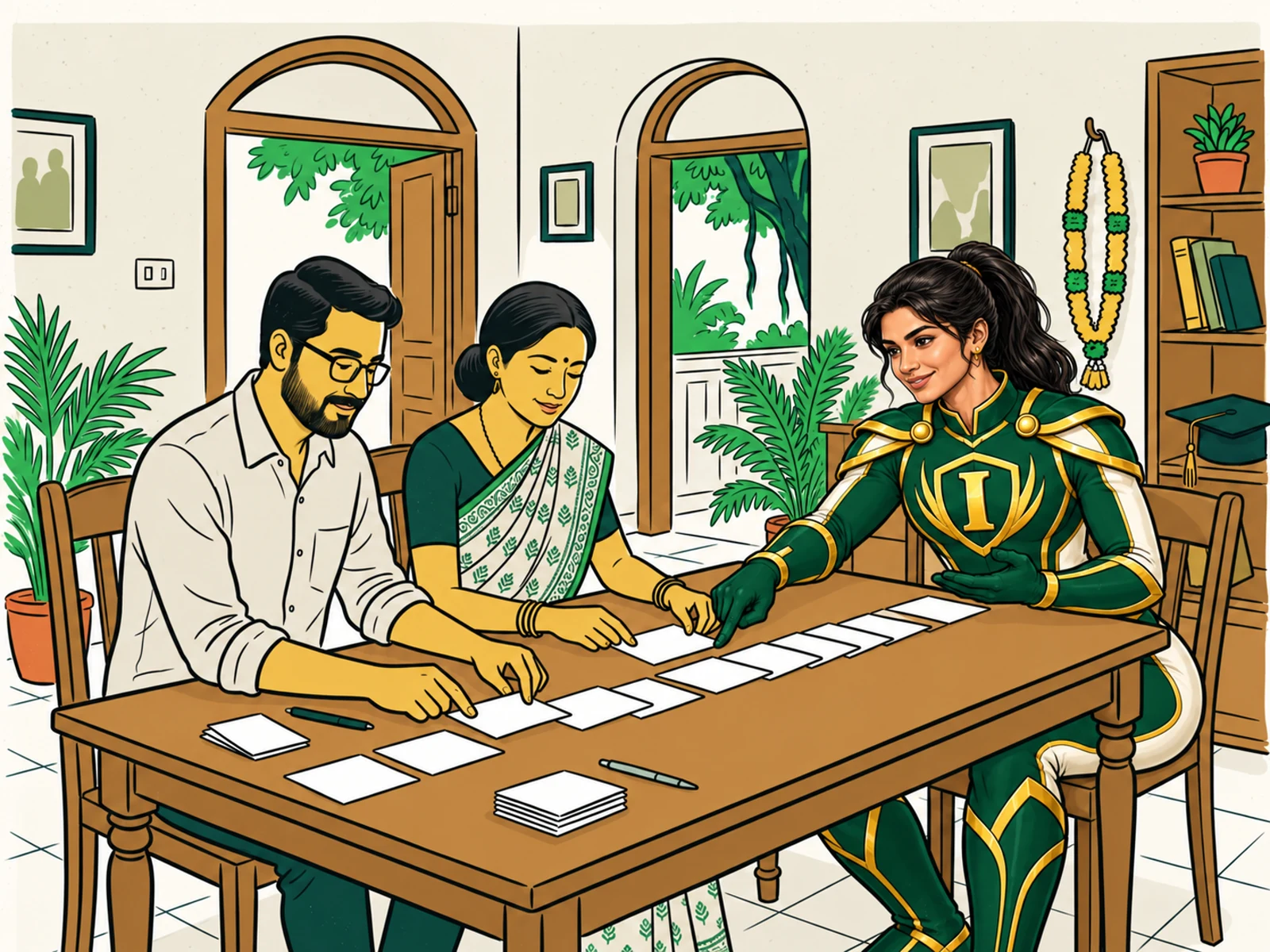 The female INFINPRO character helping an illustrated Indian couple arrange a savings plan for education, a wedding, and a new home
