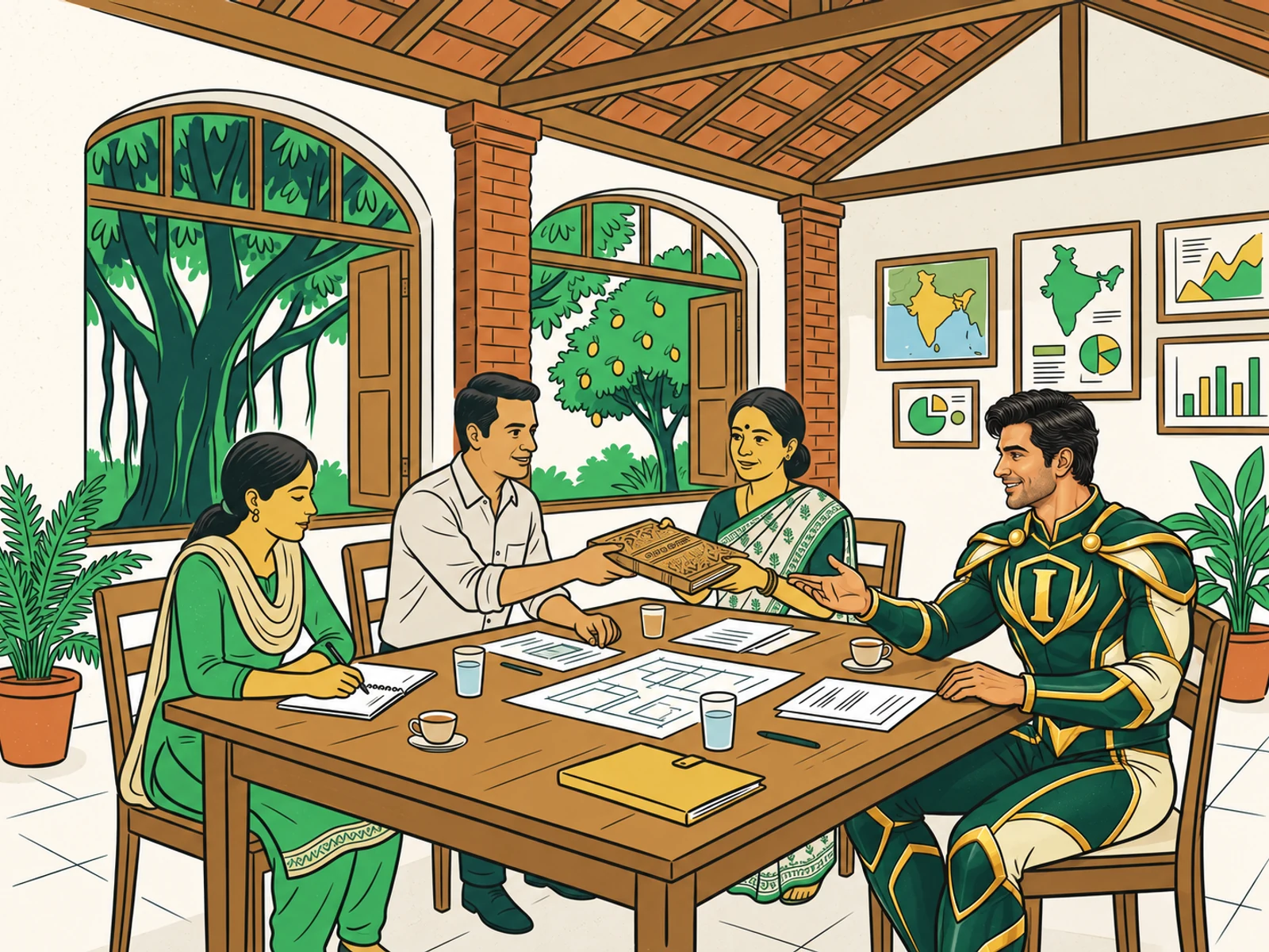 An illustrated Indian founder transferring knowledge and continuity plans to a leadership team