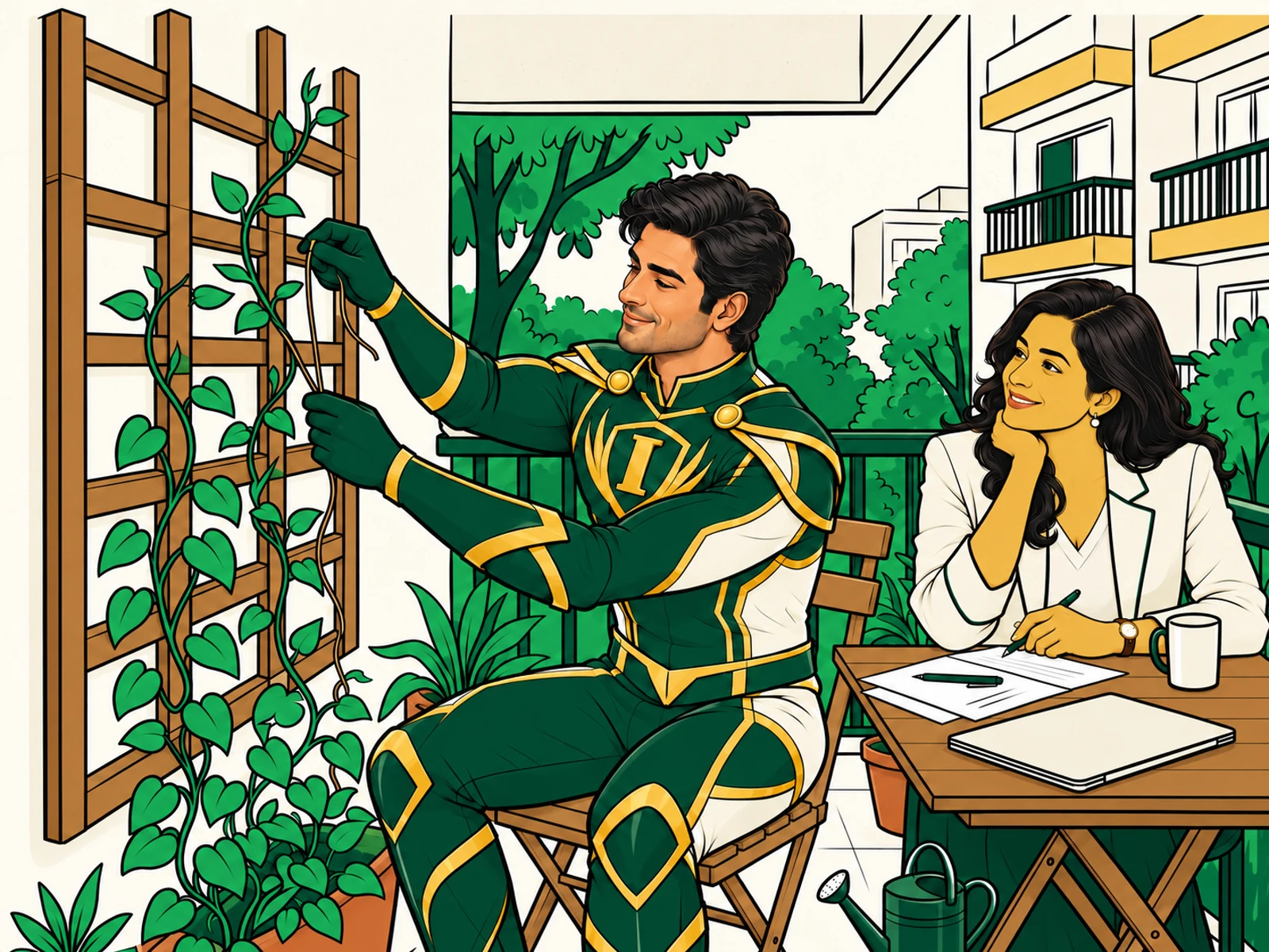 The INFINPRO character and a client carefully training a growing plant as a metaphor for long-term wealth creation